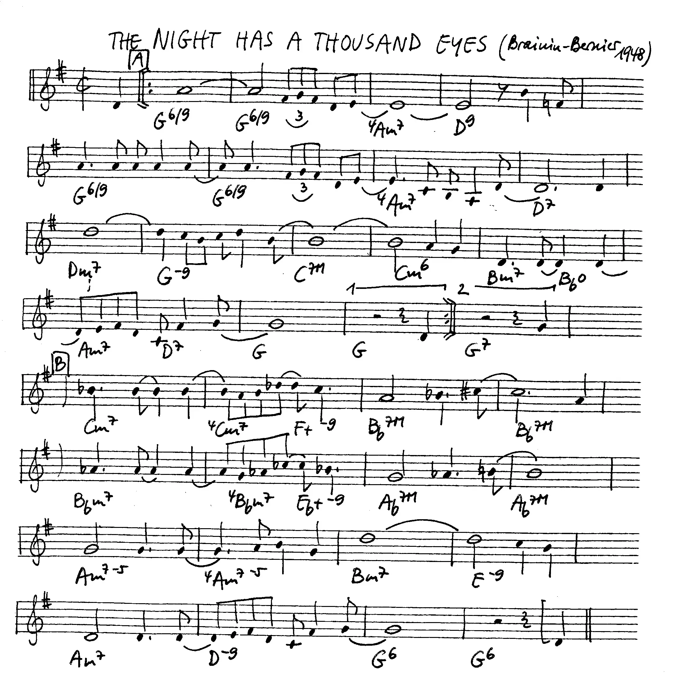 the night has a thousand eyes free jazz leadsheet - Courtesy of the Jungle Jazz Band